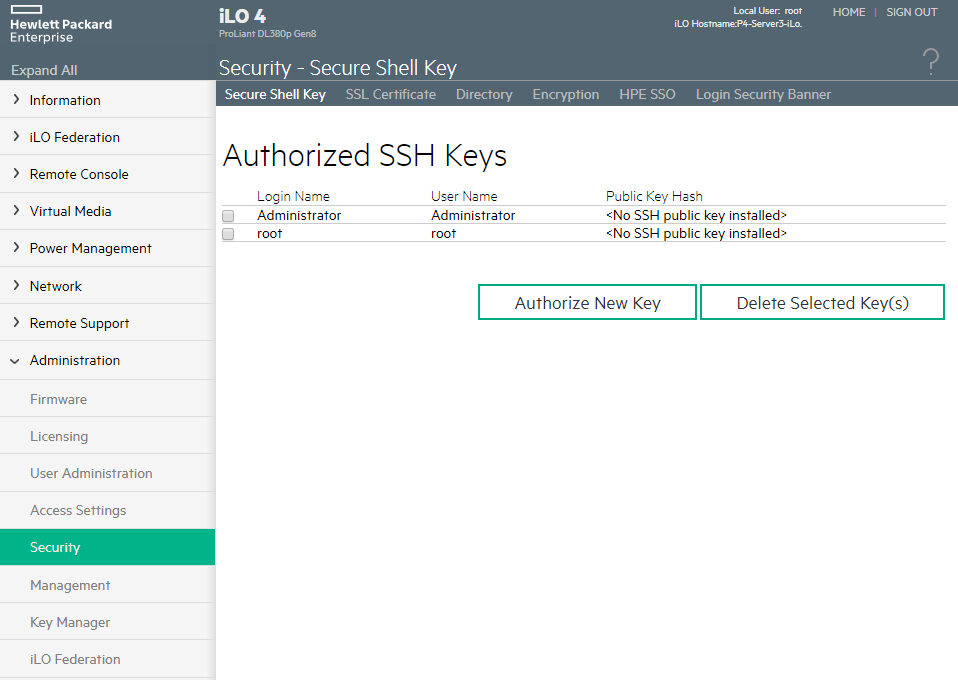 iLO Security Menu iLO Security Menu